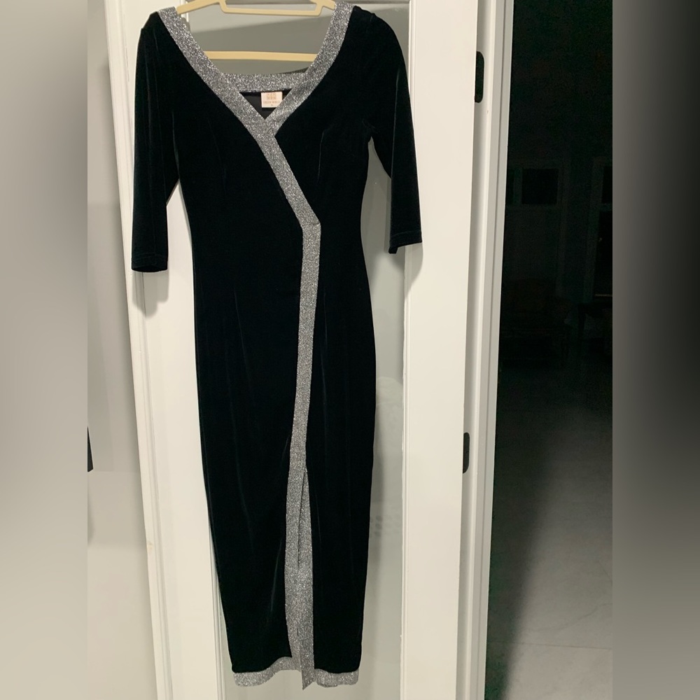 Black velvet midi dress with silver/shimmer trim